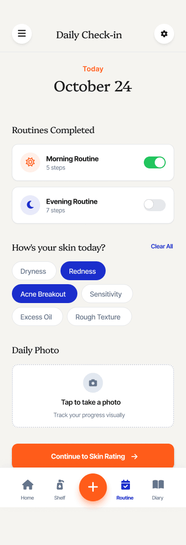 Daily check-in screen — currently separate from routine completion