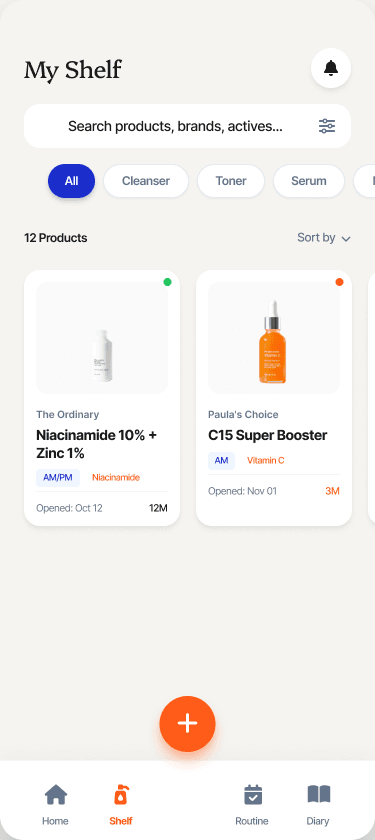 Product shelf with status indicators and PAO tracking